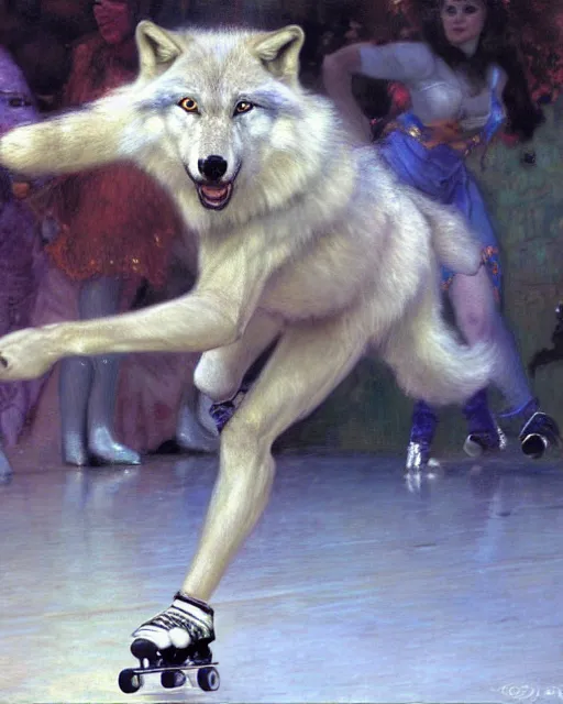 Image similar to white female anthro wolf skating at a roller derby, 4 k, trending on artstation, very expressive detailed face, energetic, action, motion blur, by gaston bussiere, craig mullins, j. c. leyendecker, gustav klimt, artgerm, greg rutkowski, alphonse mucha