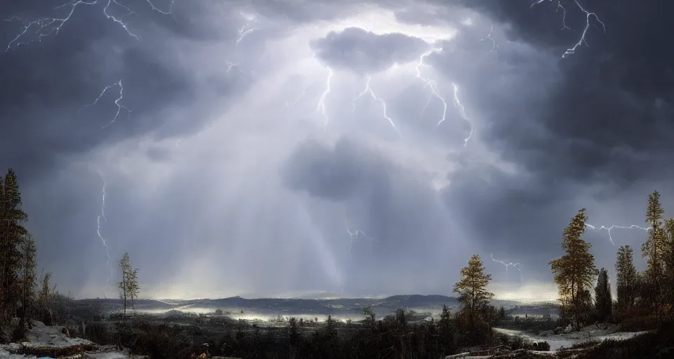 Prompt: heaven!! clouds!! god rays, snowy, windy, by eugene von guerard, ivan shishkin, night, lightning!!, storm!, dramatic lighting, concept art, trending on artstation, 8 k