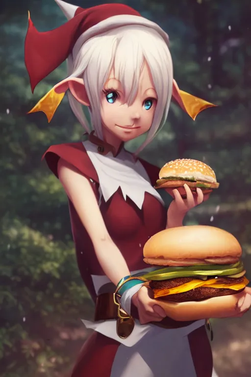 Prompt: adorable elf girl holding a burger, single subject, medium shot, ambient lighting, white hair, detailed face, by makoto shinkai, stanley artgerm lau, wlop, rossdraws