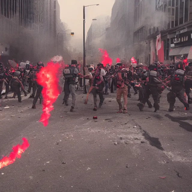 Prompt: A photo of a riot, 8K concept art, shot on Kodak Ektar, red, menacing