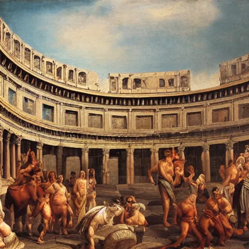 Image similar to a marble coliseum filled with roman people, oil painting,