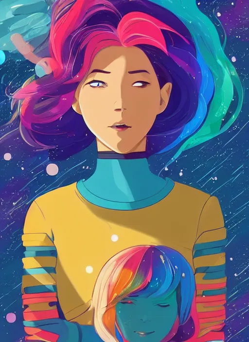 Image similar to a beautiful woman with rainbow hair floating in space. she is an astronaut, wearing a space suit. clean cel shaded vector art. shutterstock. behance hd by lois van baarle, artgerm, helen huang, by makoto shinkai and ilya kuvshinov, rossdraws, illustration, art by ilya kuvshinov