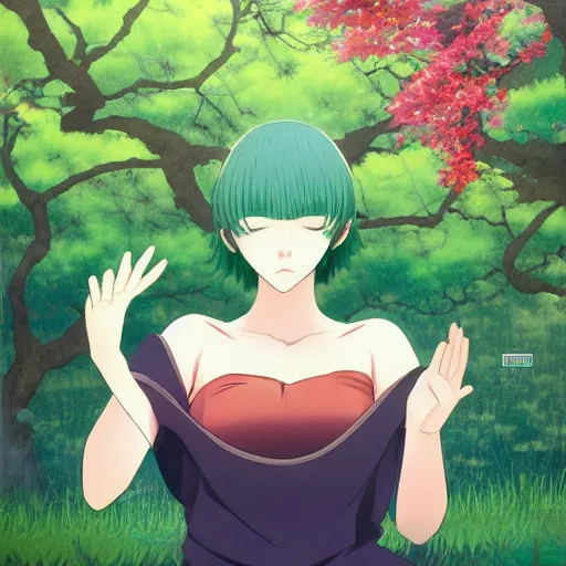 Image similar to anime key visual of a woman with short green hair meditating near a japanese spring by ilya kuvshinov