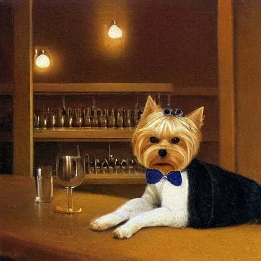 Image similar to a Yorkshire terrier at a bar wearing a bow tie, extremely detailed masterpiece, illustration, by Michael Sowa,