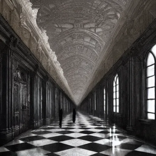 Image similar to a long hallway of mirrors. victorian interior, with many mirrors, elegant design, haunting atmosphere, dark lighting, gothic, horror style, scary, swirling fog, volumetric lighting, by greg rutkowski, realistic, dutch angle,