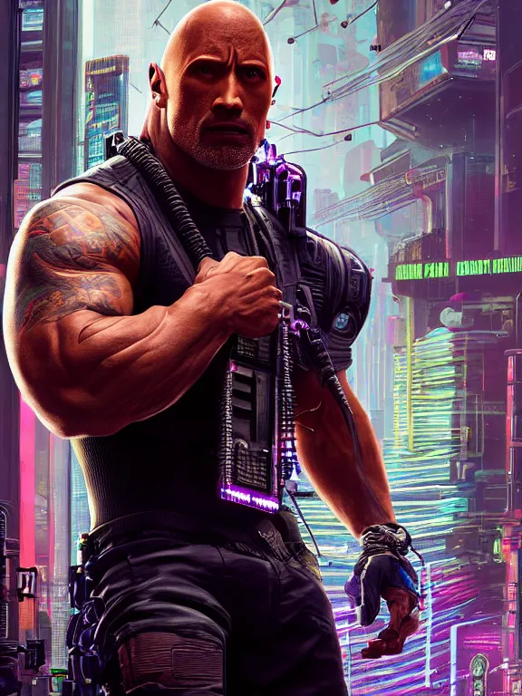 Prompt: a cyberpunk 2077 portrait of Dwayne Johnson put his arms around a female android , complex mess of cables and wires behind them connected to giant computer, love,film lighting, by laurie greasley,Lawrence Alma-Tadema,William Morris,Dan Mumford, trending on atrstation, full of color, highly detailed,8K, octane, Digital painting,golden ratio,cinematic lighting