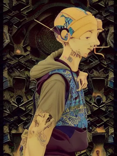 Image similar to Lofi hip hop boy in Scott Pilgram vs The World + a dragon in a kimono intricate design + tarot card + full of golden layers + golden ratio + anime + kawaii + 3D + BJD + artstation + vinyl art toy + highly detailed + Andrei Riabovitchev, Shaun Tan, Peter Mohrbacher, Alphonse Mucha and John William Waterhouse