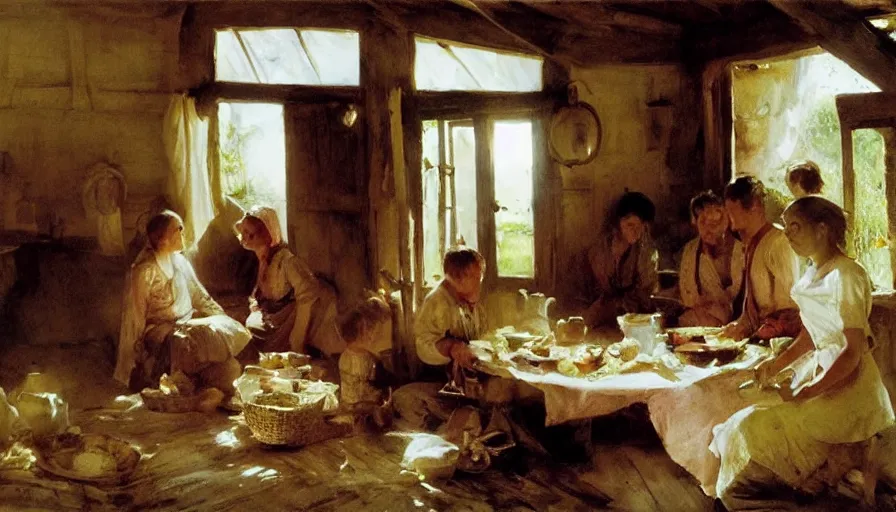 Image similar to simple villager family about to eat a meal together in their beautiful simple cottage home, art by anders zorn, wonderful masterpiece by greg rutkowski, beautiful cinematic light, american romanticism thomas lawrence, greg rutkowski