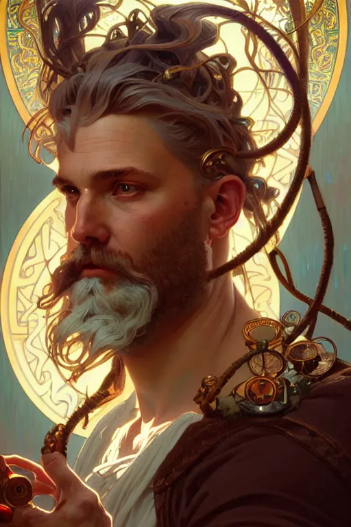 Image similar to highly detailed portrait of god zeus, alphonse mucha, stephen bliss, unreal engine, fantasy art by greg rutkowski, rhads, ferdinand knab, makoto shinkai and lois van baarle, ilya kuvshinov, rossdraws, tom bagshaw, global illumination, radiant light, detailed and intricate environment, steampunk