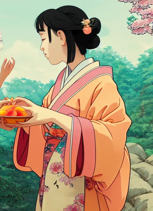 Prompt: painting of a girl wearing a kimono giving a peach to a large anthropomorphic asian black bear, featured in artstation, artgerm, octane render, cinematic, elegant, intricate, 8 k, close up, in the style of studio ghibli and heikala and alphonse mucha,