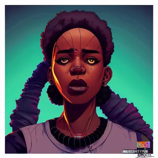 Prompt: Portrait design of afropunk urban character in a street, medium shot, asymmetrical, 3/4 profile picture, painting by Alberto Mielgo and Laurie Greasley and Lois van Baarle, trending on artstation,