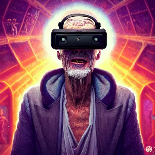 Image similar to Colour Photography of 1000 years old man with highly detailed 1000 years old face wearing higly detailed cyberpunk VR Headset designed by Josan Gonzalez Many details. Man raging screaming . In style of Josan Gonzalez and Mike Winkelmann andgreg rutkowski and alphonse muchaand Caspar David Friedrich and Stephen Hickman and James Gurney and Hiromasa Ogura. Rendered in Blender