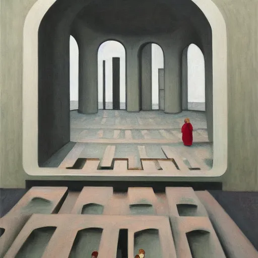 Image similar to first - person view of a stark concrete maze with people looking into portholes, grant wood, pj crook, edward hopper, oil on canvas