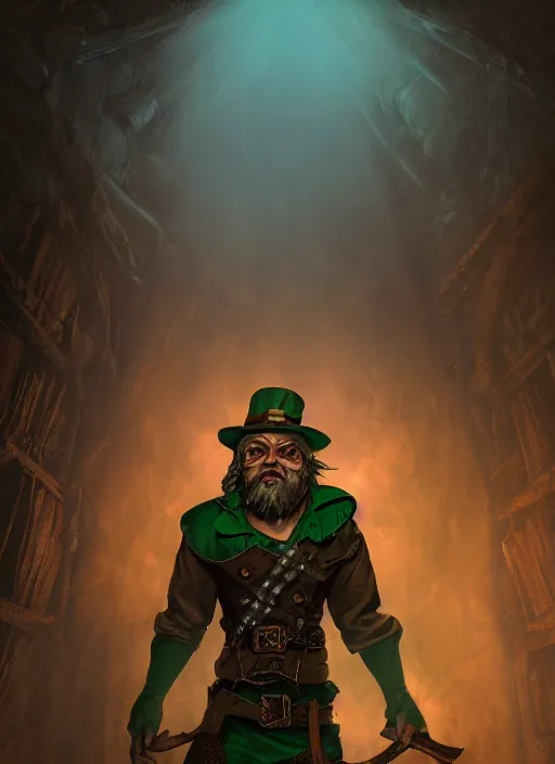 Image similar to A fantasy comic book style portrait painting of a leprechaun in a atmospheric dark dungeon, unreal 5, DAZ, hyperrealistic, octane render, RPG portrait, ambient light, dynamic lighting