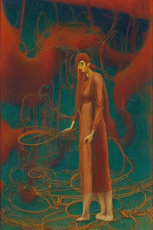 Image similar to realistic portrait of an engineer woman fixing the samsara holy cluster, fine portrait, concept art, stunning, visionary, dimmed palette, by brecht evens, by jean delville, by francis bacon