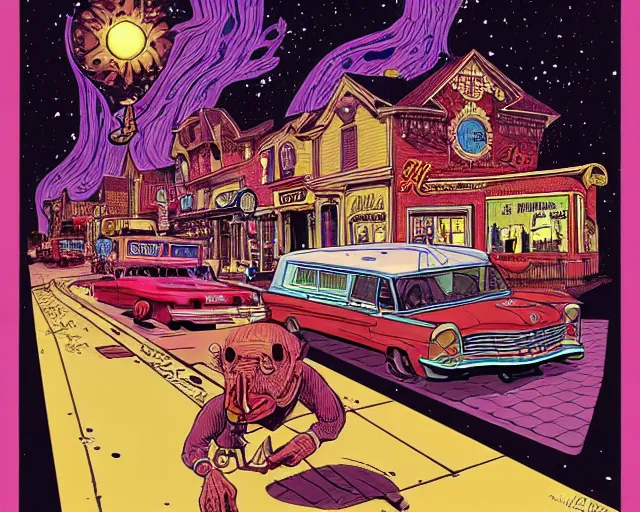 Prompt: steve buscemi tripping on main street, cosmic horror painting, elegant intricate digital painting artstation concept art by basil wolverton by robert crumb by william eggleston detailed