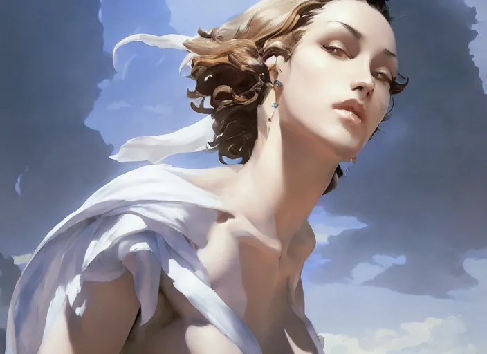 Image similar to beautiful painting of a beautiful woman with white linen with greece in the background by yoji shinkawa frank frazetta, charlie bowater, magali villeneuve, j. c. leyendecker, unreal engine, octane render, ultra realistic,