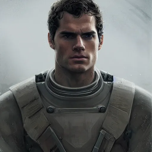 Image similar to “Portrait of Henry Cavill by Greg Rutkowski, he is about 20 years old, norwegian, short blond hair, young, manly, attractive, strong, older brother vibes, he is wearing futuristic military fatigues, highly detailed portrait, scifi, digital painting, artstation, concept art, smooth, sharp foccus ilustration, Artstation HQ”