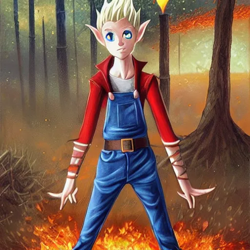 Image similar to a skinny teen as a fantasy elf with spiky blonde hair wearing dark brown overalls and holding a firecracker standing next to a destroyed car, painting by artgerm