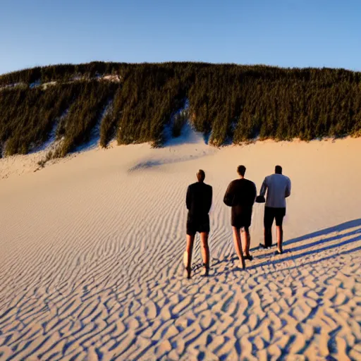 Prompt: three people watching the sun go down on the dune du pilat