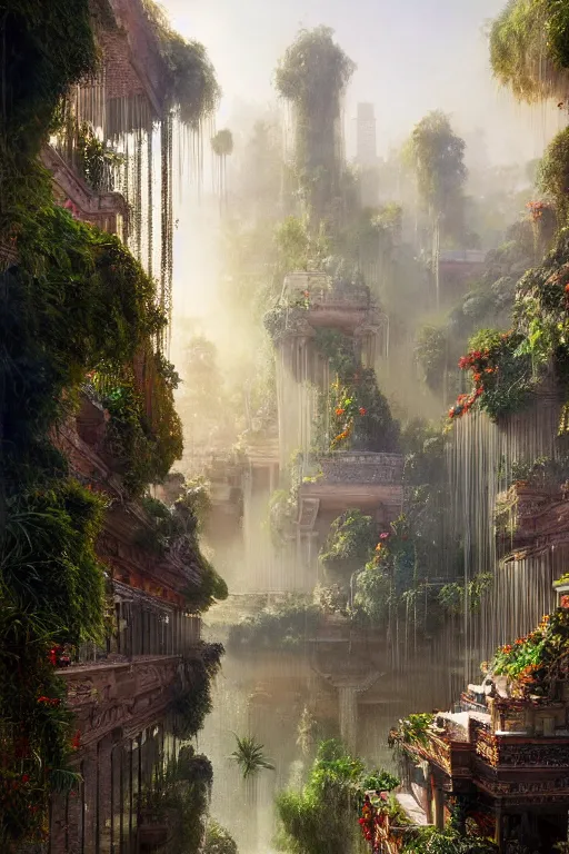 Image similar to magnificent view of the hanging gardens of babylon, intricate, elegant, volumetric lighting, digital painting, highly detailed, artstation, sharp focus, illustration, concept art, ruan jia, steve mccurry