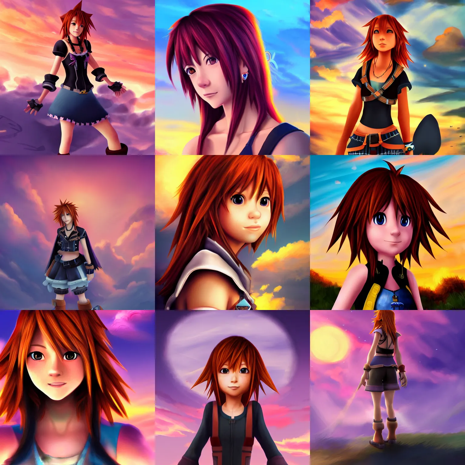 Prompt: kairi with sunset clouds as the background | kingdom hearts character portrait, trending on artstation, deviantart, painttoolsai, pixiv, 8 k, fanart