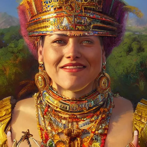 Image similar to an portrait of an happy female aztec empress, detailed, centered, digital painting, artstation, concept art, donato giancola, Joseph Christian Leyendecker, WLOP, Boris Vallejo, Breathtaking, 8k resolution, extremely detailed, beautiful, establishing shot, artistic, hyperrealistic, beautiful face, octane render