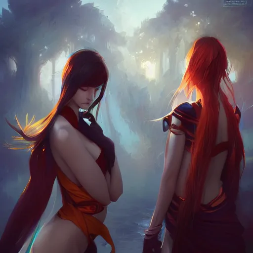 Image similar to 2 beautiful women illustration fantasy digital art by guweiz trending on artstation