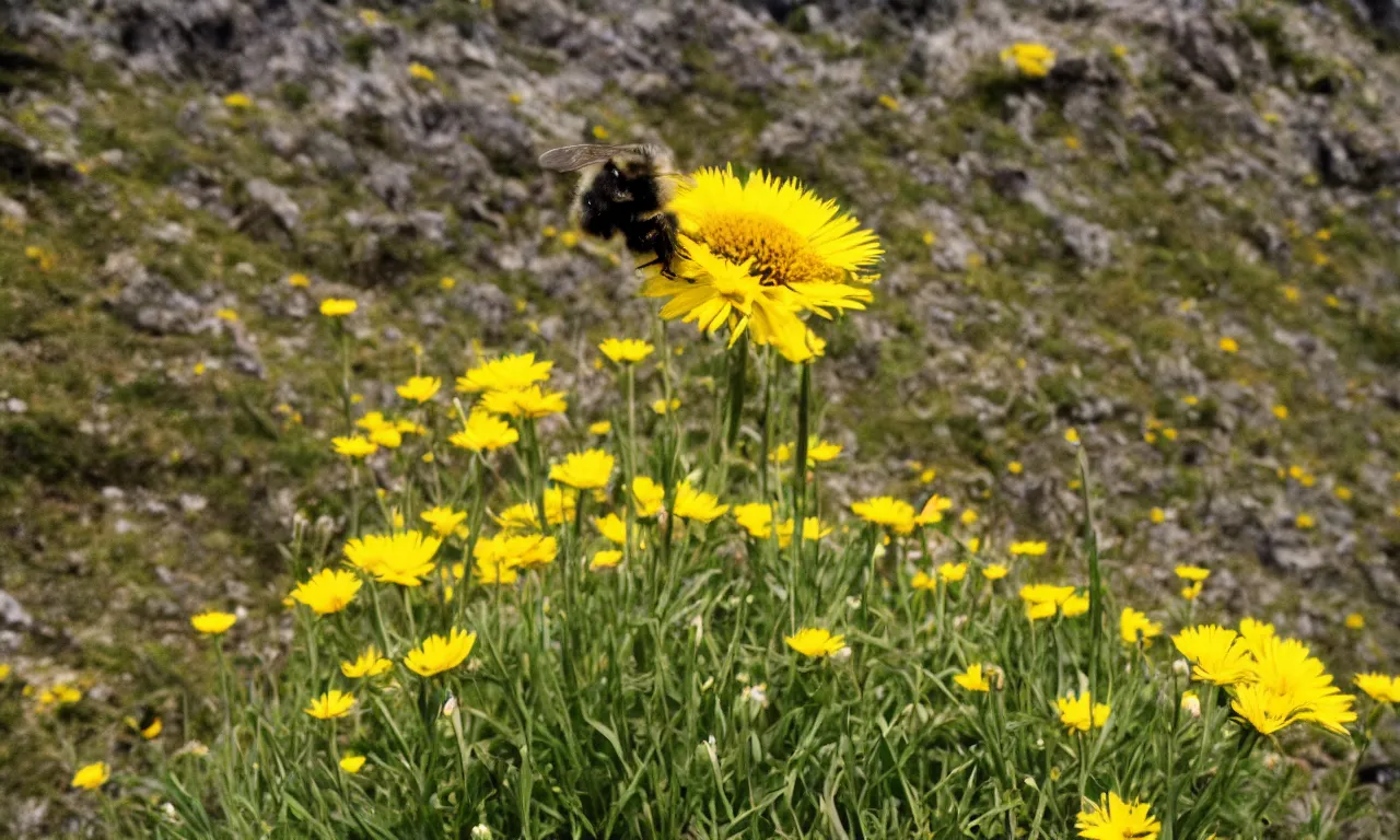 Prompt: a fluffy bee pollinating a yellow daisy, cliffs of moir visible in background. close up photograph, shallow depth of field, overcast day, kodachrome, mid angle