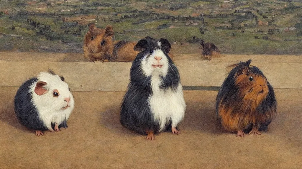 Prompt: two guinea pigs sitting on a bench overlooking a city at night, stars in the sky, in the style of fanny brate