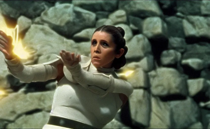 Prompt: portrait shot of Princess Leia lifting floating rocks outside a Jedi Temple scene from The Lost Jedi, 1970s film by Stanley Kubrick, serene, iconic scene, perfect shot of Carrie Fischer, stunning cinematography, hyper-detailed, sharp, anamorphic lenses, kodak color film, 4k