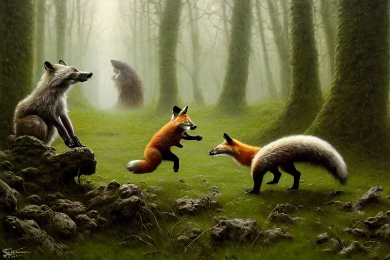 Image similar to photo, badger fights a fox, woodland location, stefan kostic and david cronenberg, realistic, sharp focus, 8 k high definition, intricate, chiaroscuro, elegant, perfect faces, symmetrical face, extremely detailed, hypnotic eyes, realistic, fantasy art, masterpiece zdzislaw beksinski, artgerm