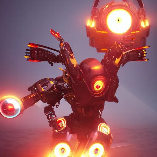 Image similar to cyborg eagle with red lenses and golden helmet, mecha, hard surface, hyper realistic, by eddie mendoza, volumetric lighting, foggy, orange glow, octane render