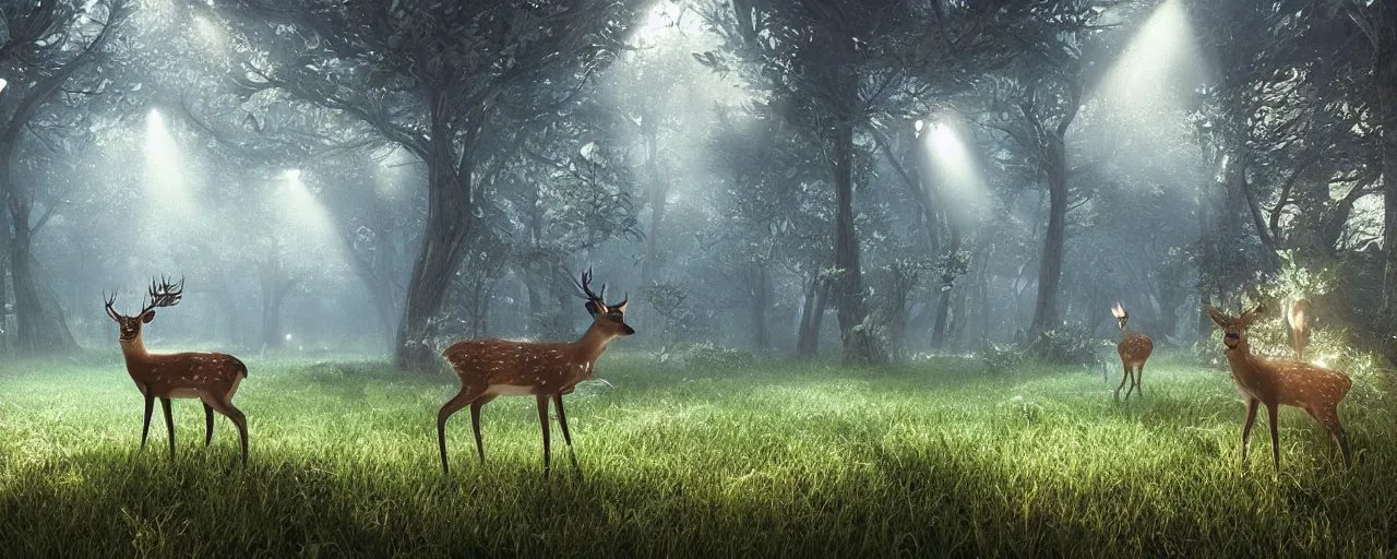 Image similar to deer in an ethereal forest made from glowing circuits and electronics, highly detailed concept art, 3 d, volumetric lighting
