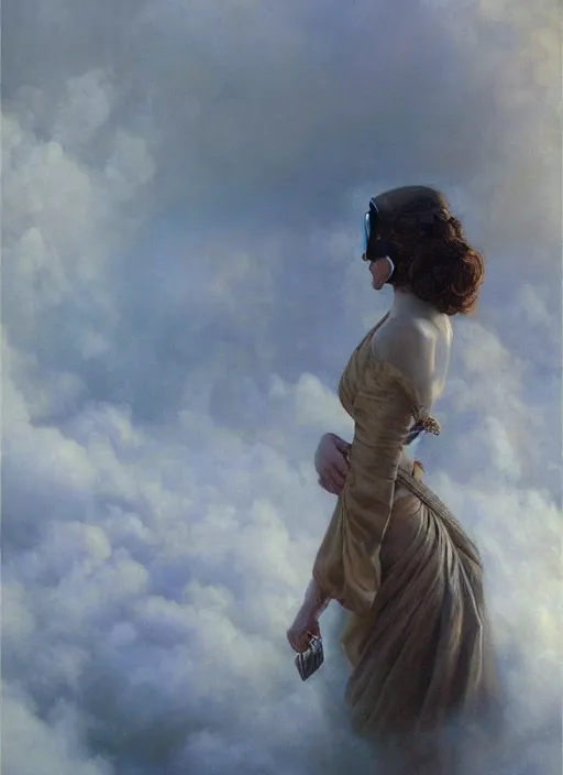 Image similar to A telemarketer walking out of of misty steam clouds, intricate, elegant, highly detailed, donato giancola, Joseph Christian Leyendecker, WLOP, Boris Vallejo, Artgerm