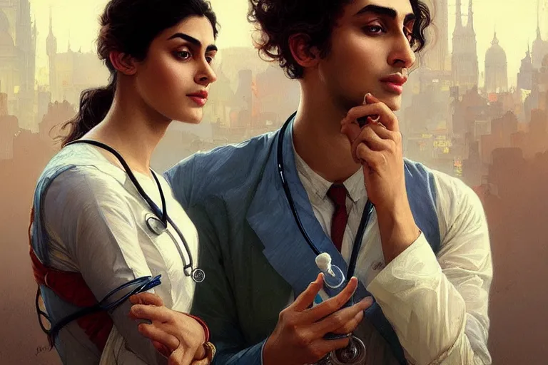 Image similar to Anxious good looking pale young Indian doctors smoking, portrait, elegant, intricate, digital painting, artstation, concept art, smooth, sharp focus, illustration, art by artgerm and greg rutkowski and alphonse mucha