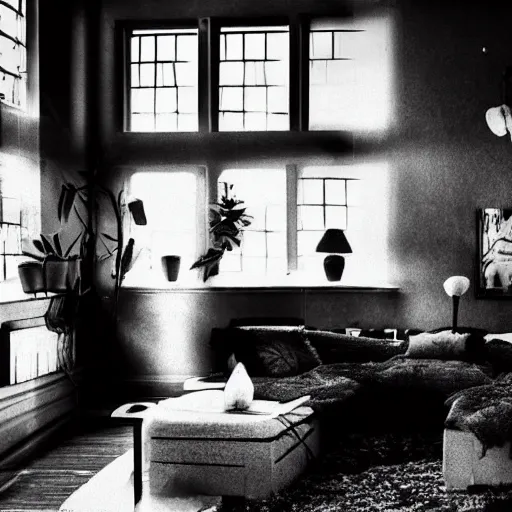 Prompt: ! dream old poor living room black and white photo