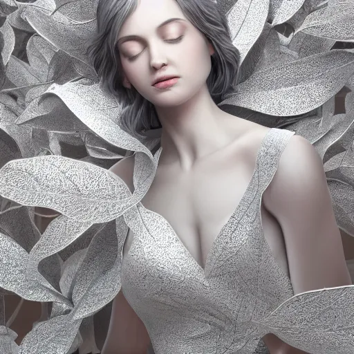 Prompt: a highly detailed digital image of an elegant woman surrounded and engulfed in silver leaves, matte background, artstation, detailed woman, stunning volumetric lighting, elegant, fantasy, 4k,