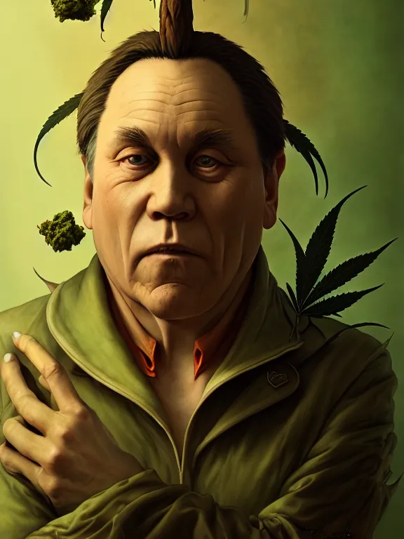 Image similar to a portrait of a cannabis devil premier francois legault illustrated by miyazaki by karol bak, james jean, tom bagshaw, rococo, sharp focus, trending on artstation, cinematic lighting, hyper realism, octane render, 8 k, hyper detailed, vivid, ultra detailed, highly detailed