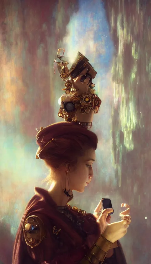 Prompt: hyper realistic photographer taking a picture, magical, gems, jewels, gold, steampunk, cyberpunk, painted by tom bagshaw, mucha, gaston bussiere, craig mullins, j. c. leyendecker 8 k