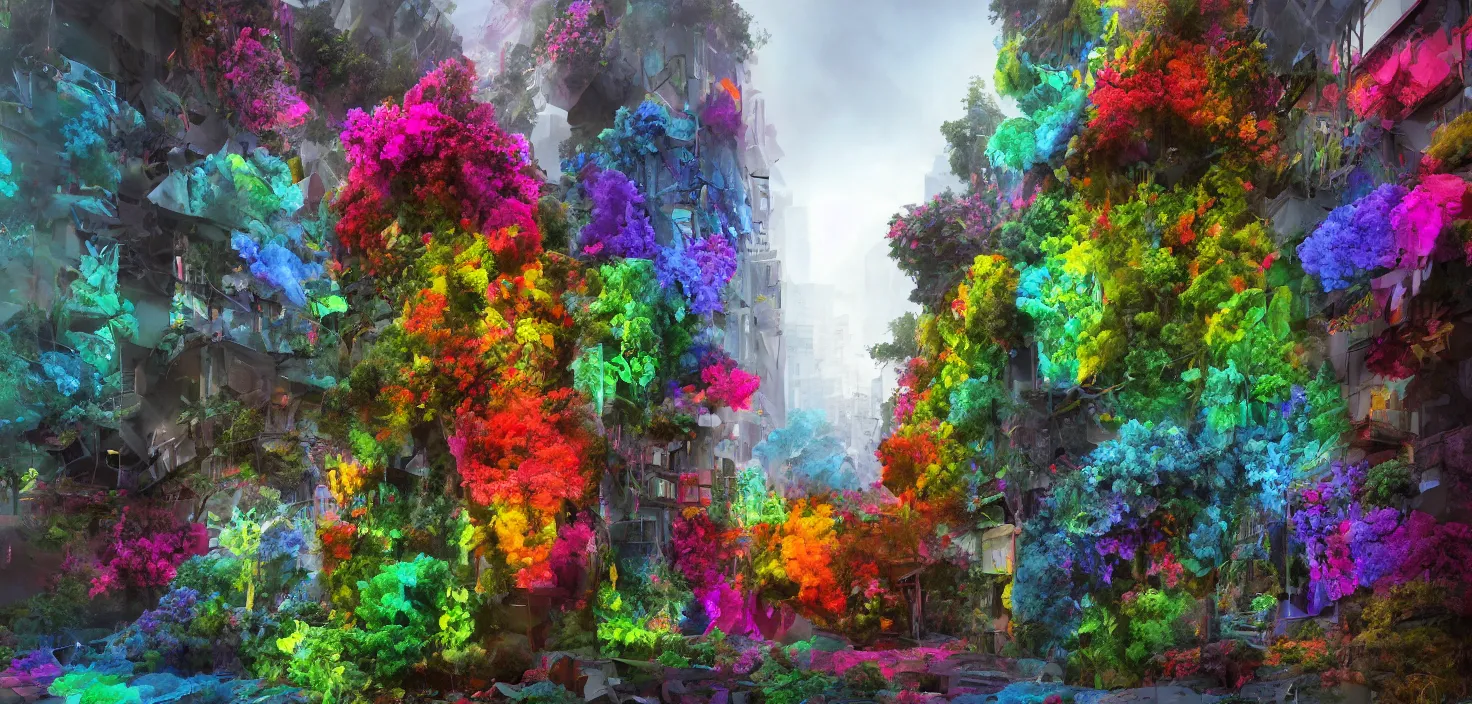 Prompt: Huge flowers growing on tree trunks and holes in buildings, deep colors, rainbow, vivid, brilliant, colored, bright, polychromatic, glowing neon, geometric, dark, mist Art of Illusion, Artrift, finalRender, Flickr, IMAX, Polycount, r/Art, shadow depth, Sketchfab, Sketchlab, Substance Designer, VRay, depth of field, subtractive lighting