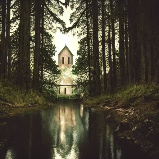 Image similar to a photo of a dream world, forest, river, skull, church, dark lighting