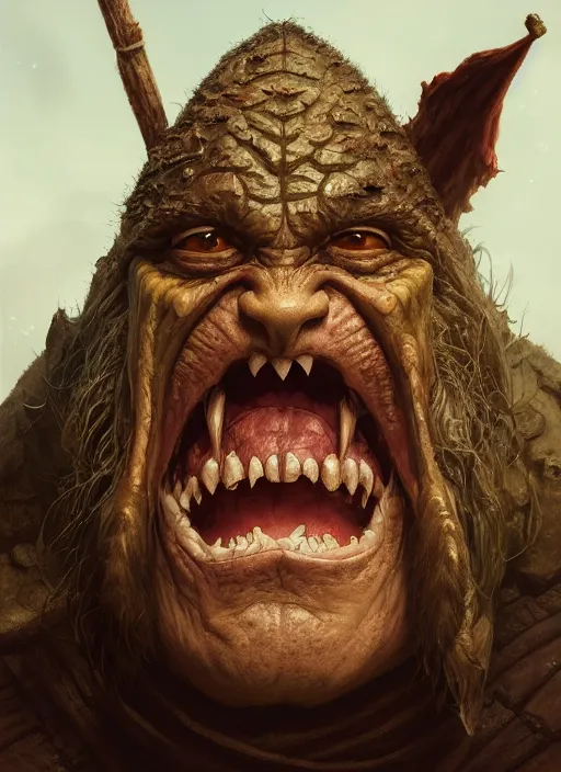 Image similar to highly detailed closeup portrait of an angry medieval goblin, stephen bliss, unreal engine, greg rutkowski, ilya kuvshinov, ross draws, hyung tae and frank frazetta, tom bagshaw, tom whalen, nicoletta ceccoli, mark ryden, earl norem, global illumination, god rays, detailed and intricate environment