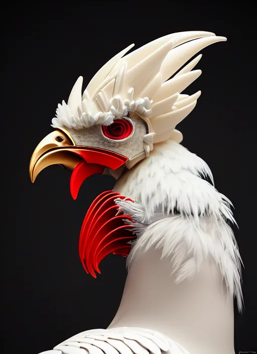 Prompt: hyper detailed ultra sharp portrait of a beautiful fashionable porcelain ivory cyberpunk scifi rooster, well contoured smooth colorful feathers, up close shot, sharp focus, global illumination, radiant light, black haute couture, alexandre ferra, irakli nadar, octane render, 4 k, ultra hd,