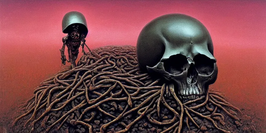 Prompt: painting of a dead soldier's skull wearing a helmet, tiny insects crawling out of the crevices of the human skull, Zdzislaw Beksinski, Wayne Barlowe, Joe Fenton, gothic, cosmic horror, biomorphic, amazing details, dystopian, surrealism, cold hue's, warm tone gradient background