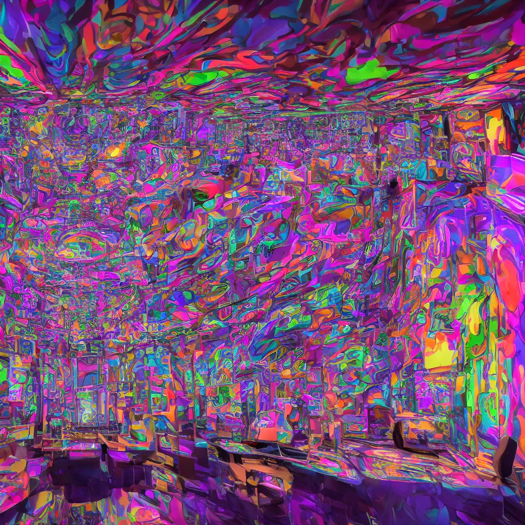 Image similar to inside a modern ai artists room with psychedelic walls and whimsical furniture with large windows overlooking a metropolis, perfect symmetry, super focus, 8 k, cinematic lighting, techie, mechanical, fractal, relaxing