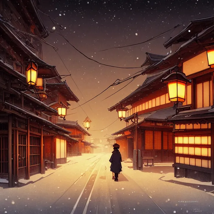 Image similar to empty rural japanese town at night, winter, in the style of studio ghibli, j. c. leyendecker, greg rutkowski, artem