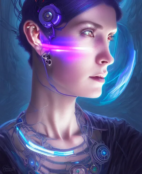 Image similar to a whirlwind of souls rushing inside the metaverse, hologram, half body, neurochip, shaved temple, piercing, jewelry, android, cyborg, cyberpunk face, by loish, d & d, fantasy, intricate, elegant, highly detailed, colorful, digital painting, artstation, concept art, art by artgerm and greg rutkowski and alphonse mucha