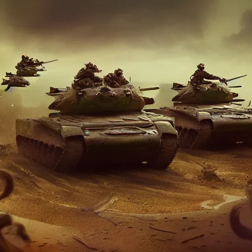 Image similar to an army of warrior horror frogs, driving tanks to war in swamp, cinematic lightning, artstation trending, matte painting, 8 k, octane, digital art