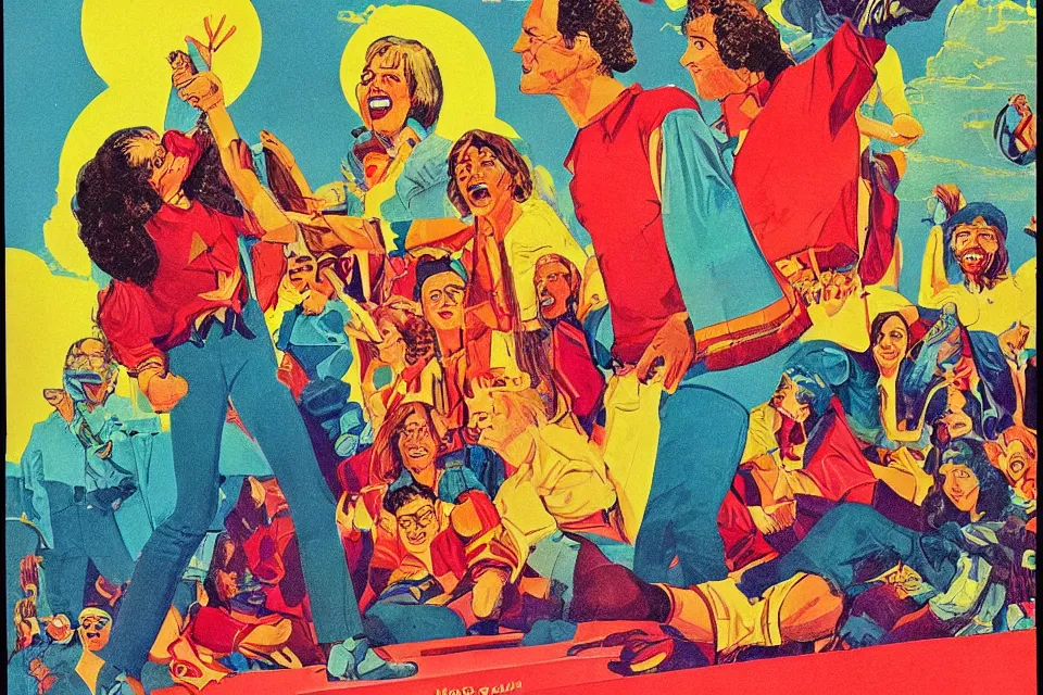 Prompt: an ideal society, a new world to live in, bright colors, 1 9 7 0 s grainy vintage illustration, detailed, epic,